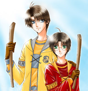 O protagonista do anime co seu irm&aacute;n pequeno, listos para arramplar con todo