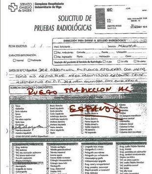 A unha pediatra viguesa chegoulle de volta este formulario, coa eng&aacute;dega "Ruego traducci&oacute;n al espa&ntilde;ol"