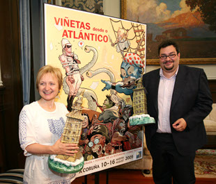 Imaxe da presentaci&oacute;n, co cartel deste ano ao fondo / Andy P&eacute;rez