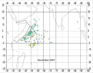 Mapa da actividade da flota atuneira no Oc&eacute;ano &Iacute;ndico (os c&iacute;rculos representan a intensidade da captura) /Imaxes: Cepesca