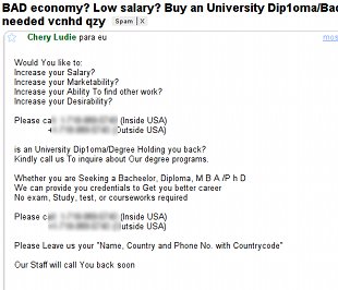 Correo lixo que ofrece t&iacute;tulos acad&eacute;micos falsos