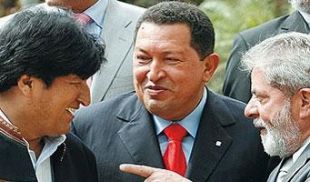Evo Morales, Hugo Ch&aacute;vez e Lula da Silva