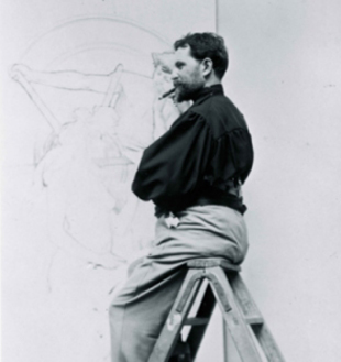 Mucha nunha escada, traballando, Par&iacute;s, 1896 (detalle)