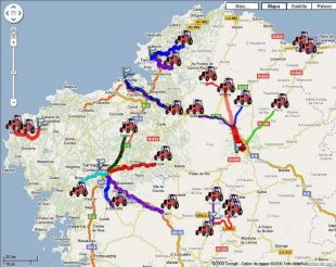 Velaqu&iacute; o percorrido das distintas tractoradas (puntos de sa&iacute;da e concentraci&oacute;ns) / Imaxe: SLG (clique para ampliar)